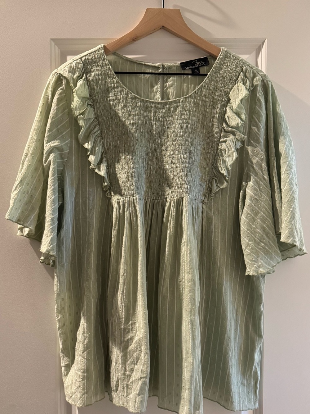 Suzanne Betro Light Green Smocked Ruffle Babydoll Tunic